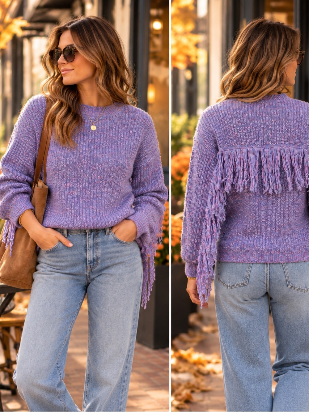 Witty Fox Lavender Fringe Knit Sweater Crewneck Boho Size Small